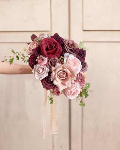 FACINOC Roses Artificial Flowers Burgundy Red Bouquet Fake Flower Bulk - Image 5
