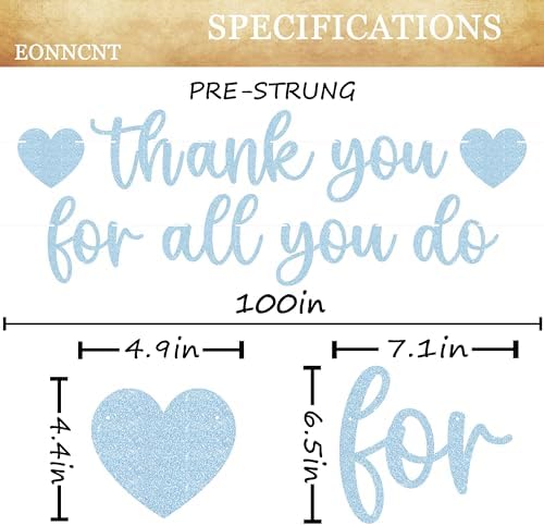 Pre-strung Thank You for All You Do Banner - Light Blue Glitter Appreciation Party Decorations Supplies for Family elders Employee Coworker Staff Teacher, Photo Booth Prop - Image 3