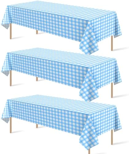 3Pack Light Blue and White Plastic Checkered Tablecloth, Premium Decorative Disposable Light Blue Gingham Plaid Tablecloth for Party, Rectangle Party Table Cover for Picnic Farm Birthday, 54x108 Inch by RAGNHILD