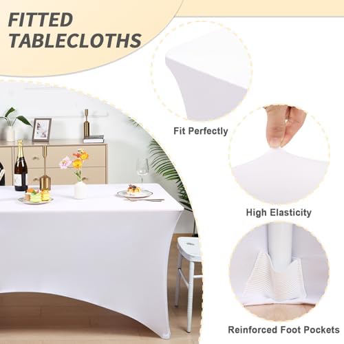 Fixwal 10 Pack 8FT White Tablecloth Rectangle Spandex Fitted Table Cover - Image 2