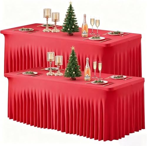 Wish Care 2 Pack Red Spandex Table Clothes for 6 Foot Rectangle Tables, 6FT Wrinkle Free Fitted Tablecloths Ruffles Design Table Cover for Party, Banquet, Wedding and Events by WishCare