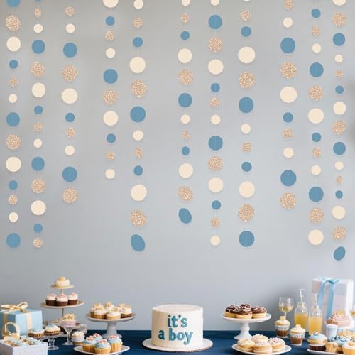 Champagne Gold Dusty Blue Beige Circle Dot Garland Hanging Paper Polka Dot Streamer for Men Birthday Wedding Bridal Shower Retirement Engagement Bachelorette Party Decorations Supplies - Image 6