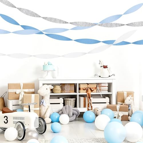 Light-Dusty Blue White-Silver Party-Decorations Streamers - 8 Rolls Birthday Graduation 2026 Baby Bridal Shower Crepe Tissue Paper Streamer,Bachelorette Engagement Garland Decor Panduola - Image 2