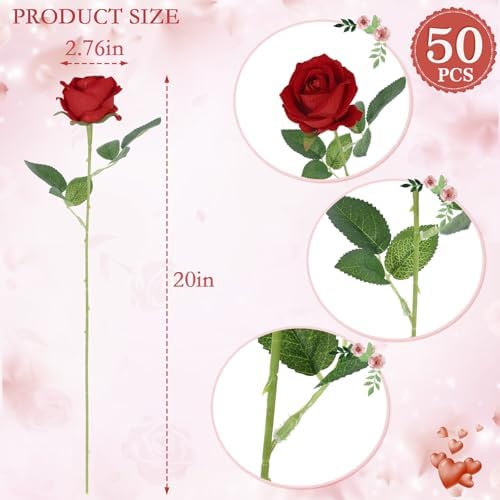 Hananona 50 Pcs Artificial Roses, Realistic Silk Red Flowers Bulk - Image 2