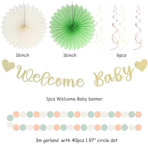 Sage-Green Blush-Beige Baby Shower Party-Decorations - 21pcs Girls Welcome Baby Banner,Light Dusty Pink Paper Lanterns Pom Poms,Safari Woodland Boho Neutral Streamers Garland Decor Favors Huglony - Image 3