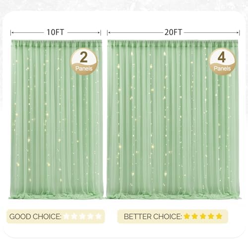 20x8ft Olive Green Tulle Backdrop Curtain with Lights String for Parites, Sheer Photo Backdrop Curtains with Lights for Wedding Backdrop Ceremony Reception Bridal Shower Baby Shower Birthday Party - Image 3