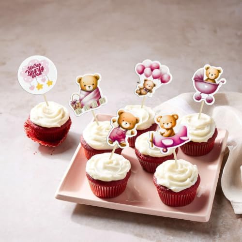 Gyufise 36Pcs Bear Cupcake Toppers Bear Cupcake Picks Baby Carriage Bottle Balloon We can Bearly Wait Cake Decorations for Baby Shower Gender Reveal Kids Birthday Party Supplies Pink Coffee - Image 5