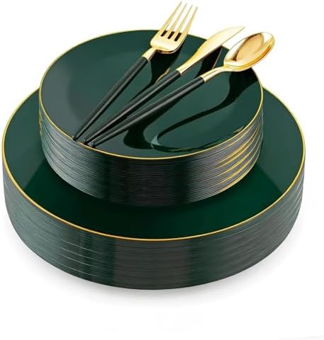Liacere 150PCS Green Plastic Plates - Gold Plastic Silverware with Green Handle - Heavy Duty Fancy Plastic Plates Disposable Include 30 Guests Plates, Forks, Spoons, Knives for Wedding & Party by Liacere