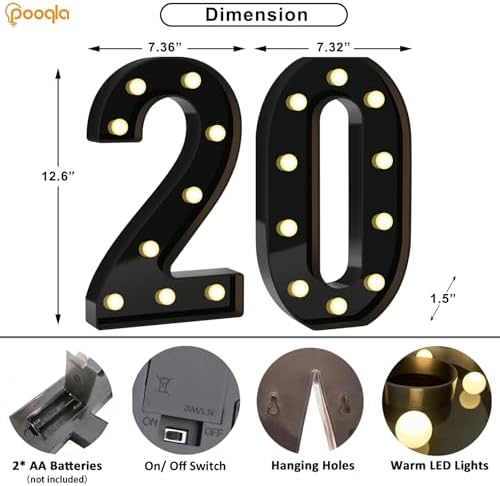 Pooqla 20th Birthday Decorations for Boys, Large Black Light Up Numbers - Image 4