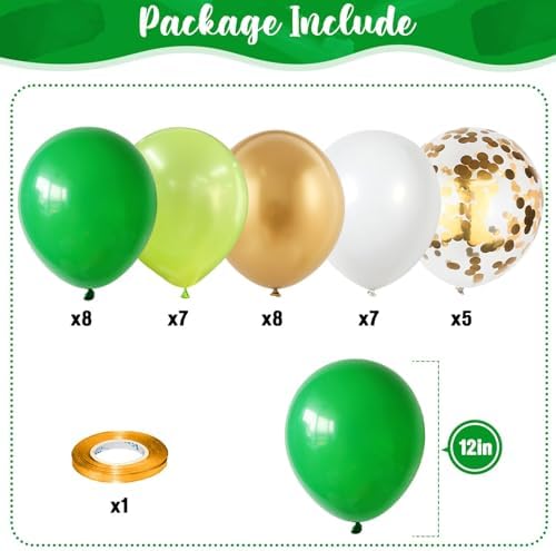 Green Gold Balloons Set, Dark Green Pearl Lime Green Metallic Gold White with Confetti Latex Balloons, Light Green Gold White Balloon for Jungle Dinosaur Birthday Baby Shower Wedding Party Decorations - Image 2