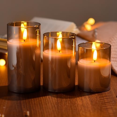 Tyawon Glass Battery Operated LED Flameless Candles with Remote and Timer, Real Wax Candles Warm Color Flickering Light for Festival Wedding Home Party Decor(Pack of 3)-Grey - Image 4