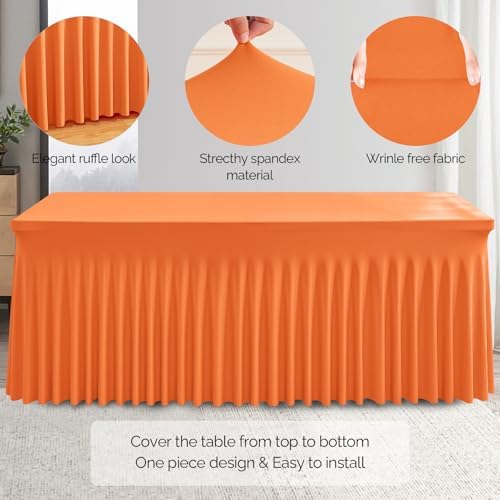 Wish Care 6 Pack Orange Spandex Table Clothes for 8 Foot Rectangle Tables, 8FT Wrinkle Free Fitted Tablecloths Ruffles Design Table Cover for Party, Banquet, Wedding and Events - Image 2