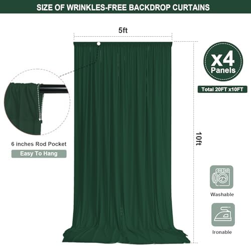 Hunter Green Backdrop Curtain - 20x10FT Back Drop Curtains for Parties Wrinkle-Free Soft Polyester Backdrop Wedding Decoration Photoground Backdrop Stain-Resistant for Back Drop Stand, 4 Panels - Image 2