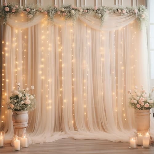 30ft x 10ft Champagne Tulle Backdrop Curtain with Lights String for Parties, Sheer Wedding Photo Backdrops Drapes for Baby Shower Birthday Party Decorations Background for Photography - Image 2