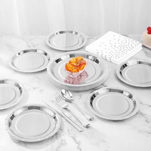 Silver Paper Plates and Napkins Party Supplies,350pcs Silver Plates Disposable Dinnerware Set for Anniversary Graduation Holiday Disco Birthday Party Decorations Serves 50 - Image 7