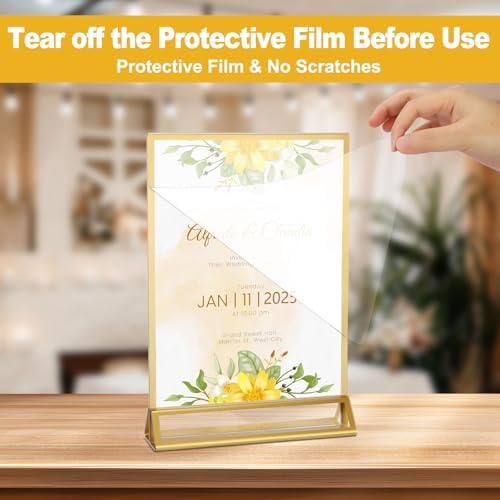 EHWINE 12 Pack Acrylic Sign Holder 5.5 x 8.5, Double Sided Gold Picture Frame Stand up Table Top Sign Holders, Clear Display Stand Menu Flyer Holder for Wedding Party - Image 2