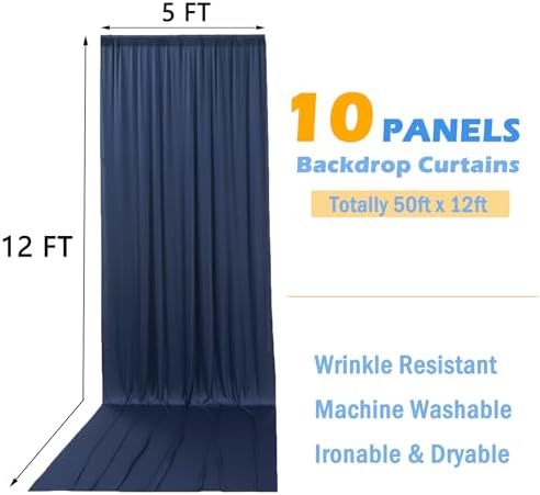 50ft x 12ft Wrinkle Free Navy Blue Backdrop Curtains for Parties, 10 Panels 12FT Long Photo Backdrop Drapes Silky Back Drop Cloth for Wedding Birthday Photography Background Decor - Image 5
