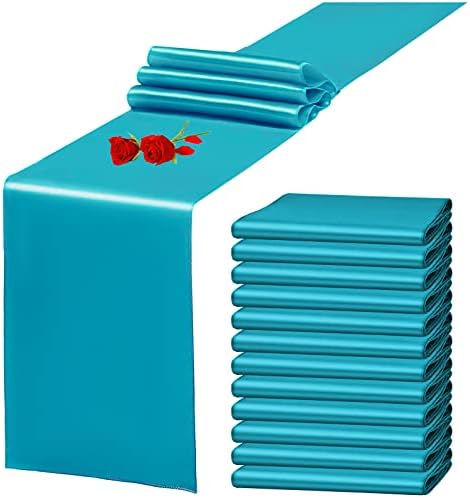 12 Pack Turquoise Satin Table Runner 12 x 108 Inch Long Premium Table Runners for Wedding Party Events Decoration, Birthday Parties, Banquets Decorations, Graduations, Engagements by YMHPRIDE