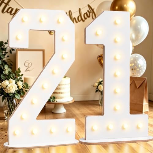 Pooqla 21st Birthday Decorations, 17.3 in White Wooden Light Up Numbers by Pooqla