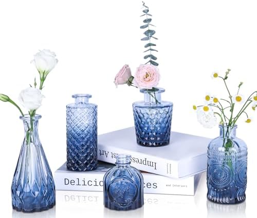 UPBUD Glass Blue Bud Vases Set of 5, Mini Flower Vase for Centerpieces by UPBUD