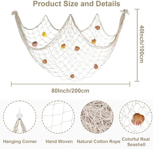 80x40'' Decorative Fishing Net w/Shells, Clips, Hanging Photo Display Net - Image 2
