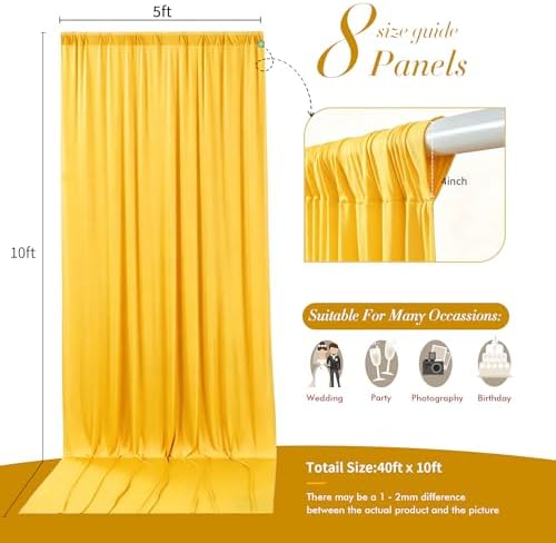 40 ft x 10 ft Wrinkle Free Yellow Backdrop Curtain for Parties, Ginger Polyester Photo Backdrop Drapes,Thick Background 8 Panels 5ft x 10ft for Baby Shower Wedding Birthday Party Backdrop Stand - Image 5