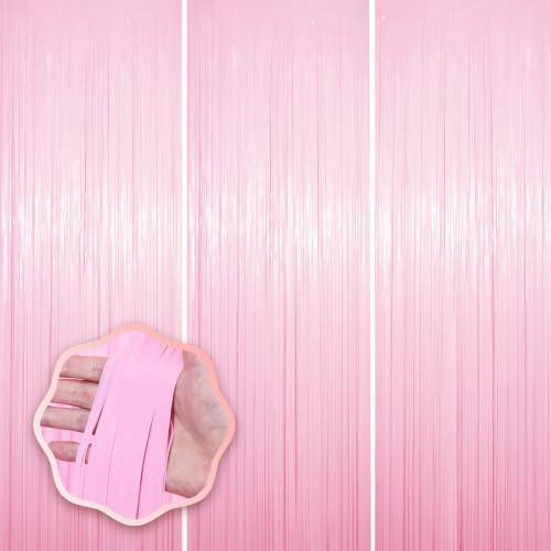 Voircoloria Pastel Pink Foil Fringe Backdrop Curtains, 3.3x8.2ft, 3 Pack by Voircoloria