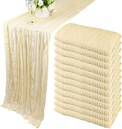 12 Pack 10Ft Cheesecloth Table Runner 35x120 Inch Boho Gauze Rustic Cheese Cloth Long Romantic Table Runner for Wedding Bridal Shower Birthday Party Table Decor (Beige) by Fivenl