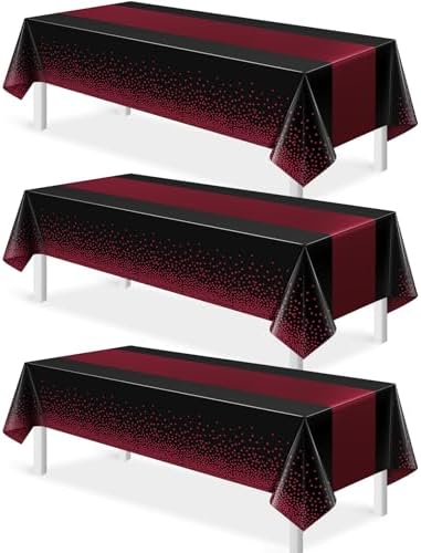 3Pcs Black and Maroon Tablecloth Party Decorations,Plastic Black Table Cloth Printed Maroon Table Runner Disposable Rectangle Table Cover for Birthday Wedding Graduation Anniversary Party,54x108Inch by MASHAN