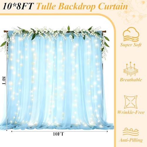 Ledido 10×8ft Blue Tulle Backdrop Curtains with Lights(4 Panels 5×8ft) - Image 2