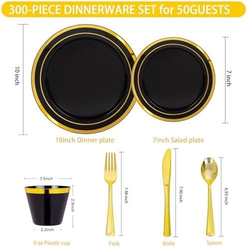 WELLIFE Black and Gold Plates, Plastic Dinnerware Set for 50 Guests - Image 2