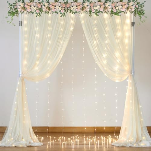 Ivory Tulle Backdrop Curtains with Lights String for Parites Wedding 10×10ft Sheer Backdrop Curtains for Baby Shower Birthday Party Photo Shoot Background Decorations - Image 5