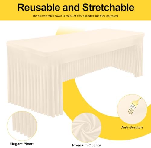 Smiry Spandex Open Back Tablecloth,Elastic Fitted Stretch Tablecloth for 8FT Rectangle Tables,Waterproof Washable Table Cover Skirt for Outdoor, Wedding, Banquet & Parties (Beige, 96Lx30Wx30H Inch) - Image 2