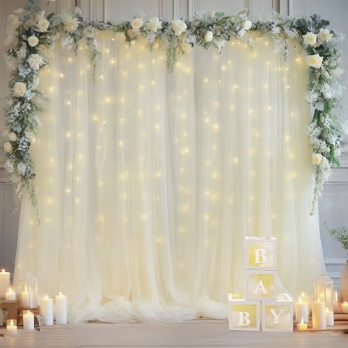 30x8ft Ivory Tulle Backdrop Curtain with Lights String for Parites, Sheer Photo Backdrop Curtains with Lights for Wedding Backdrop Ceremony Reception Bridal Shower Baby Shower Birthday Party - Image 3