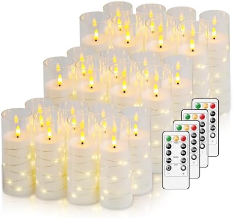 Nimiko Flickering Flameless LED Candles,Battery Operated Candles 24 Pcs with Embedded Star String,Acrylic LED Pillar Candles with Remote,Suitable for Home Decoration to Create an Atmosphere (White) by Nimiko