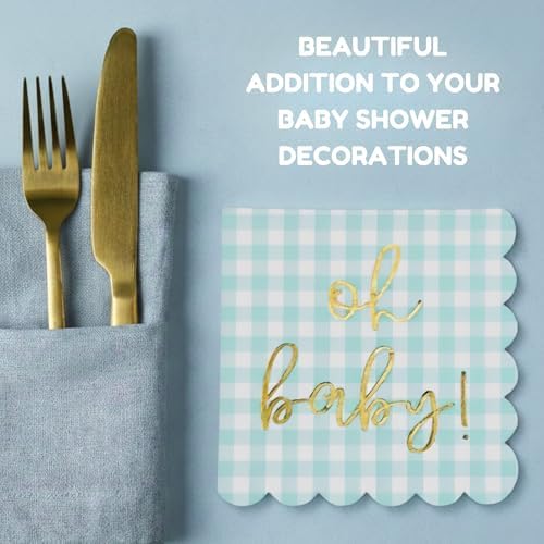 Cloverjoyed 'Oh Baby' Blue Baby Shower Decorations for Boys or Girls, Plaid Oh Baby Napkins, Gingham Scalloped It's a Boy Decor, 1st Birthday, Welcome Home, Sprinkles, Neutral Gender Reveal, 50 Pack - Image 7