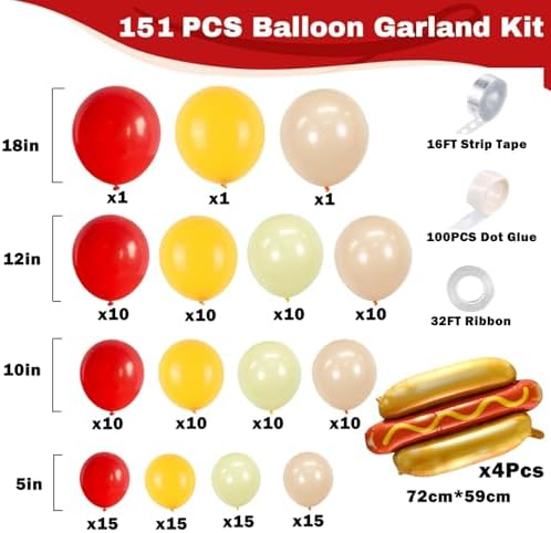 Cute Hot Dog Balloon Garland Arch Kit，151PCS Red and Yellow Balloons, Creative Theme for Baby Shower Gender Reveal Boy Girl Birthday Party Decorations - Image 2