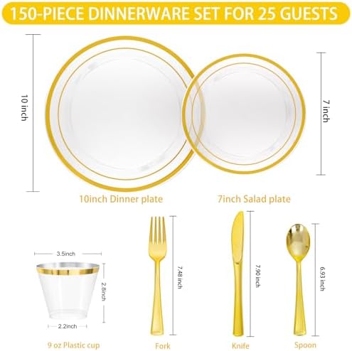 WELLIFE Clear and Gold Plastic Plates, Dinnerware Set for 25 Guests - Image 6