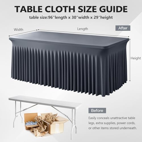 Wish Care 2 Pack Gray Spandex Table Clothes for 8 Foot Rectangle Tables, 8FT Wrinkle Free Fitted Tablecloths Ruffles Design Table Cover for Party, Banquet, Wedding and Events - Image 3