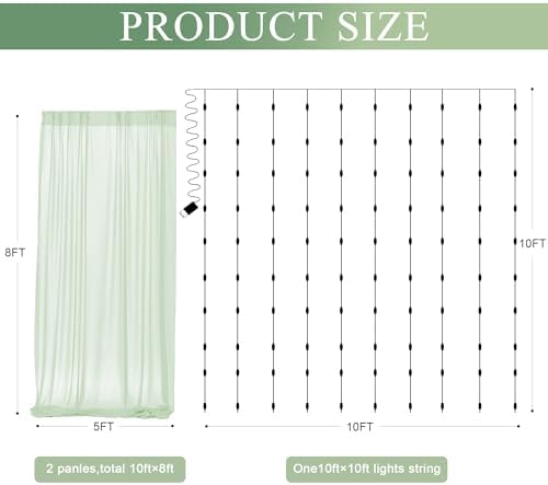 Tulle Backdrop Curtain with Lights 10x8FT Sage Green Sheer Curtains - Image 2