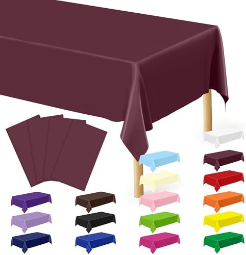4 PCS Wine Table Cloth Rectangle Table, 54 x 108 Inches Waterproof Plastic Table Cloth Disposable, Picnic Table Cover for Baptism, Picnic, Restaurant, Wedding decor, Fits Rectangle and Round Tables by QZYL