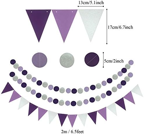ZERODECO Party Decoration, 21 Pcs Purple and Lavender Hanging Paper Fans, Pom Poms Flowers, Garlands String Polka Dot and Triangle Bunting Flags for Birthday Parties, Wedding, Mermaid Party - Image 5