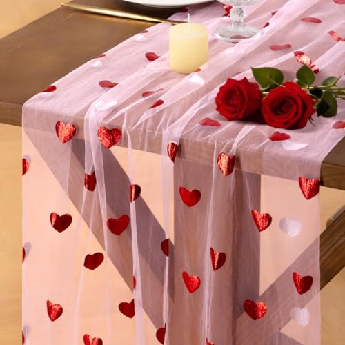 Gold Gauze Table Runner Red Heart Sheer Romantic Wedding Party Table Decor by Socomi