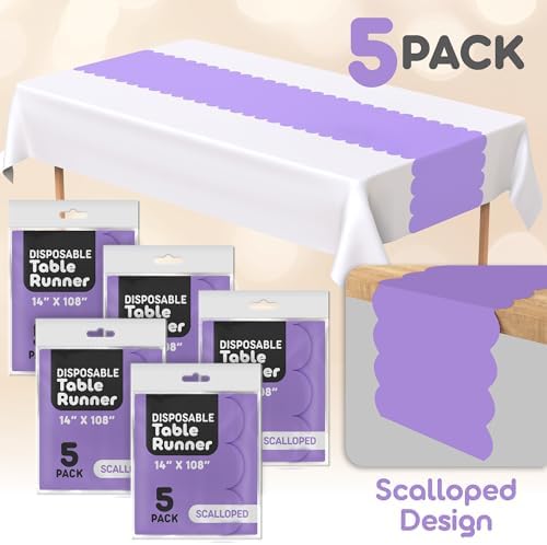 Lavender Plastic Disposable Table Runner. 5 Pack 14 x 108 inch. Scallop Table Runner Adds A Pop of Color to Your Party Table, by Swanoo - Image 2