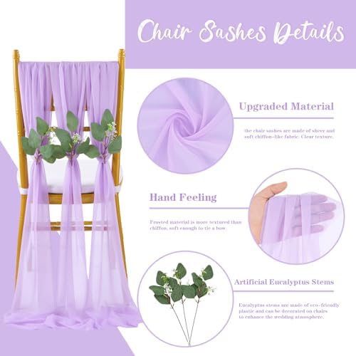 QueenDream Wedding Aisle Chair Sashes Decorations 36 Pieces Light Purple Soft Chair Sashes Tulle Chairs Covers with Artificial Eucalyptus - Image 2
