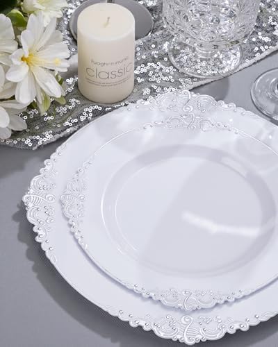 Nervure 700Pcs Silver Plastic Plates, Plastic Dinnerware Set for 100 Guests - Image 4