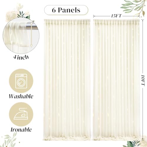 30ft x 10ft Ivory Backdrop Curtain with Lights String for Parties, Sheer Tulle Wedding Photo Backdrops Drapes for Baby Shower Birthday Party Decorations Background for Photography - Image 2