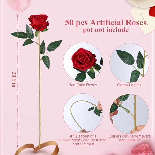 50 PCS Red Roses Artificial Flowers, Fake Roses with Stems Realistic Silk Roses for DIY Wedding Bouquets Tables Centerpieces Arrangements Baby Shower Birthday Home Decor Valentine's Day Gift for Her - Image 5