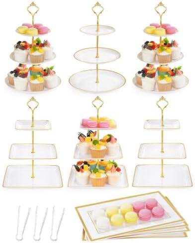 13 Pcs Dessert Display Set, 6 3-Tier Cupcake Stands, 4 Trays & 3 Tongs by Lzerking