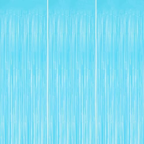 DECOCKRAT 3 Pack Foil Fringe Backdrop - Pastel Blue Shiny Tinsel Curtains for Party Decoration/Photo Booth Props - 3.3x8.2 FT Metallic Foil Backdrop for Birthday, Wedding, Graduation, Christmas. by DECOCKRAT
